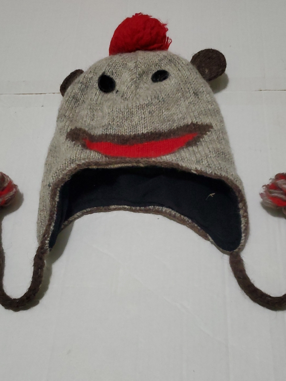 Gray Sock Monkey Adult Unisex Earflap Beanie Hat with Red Pom Pom